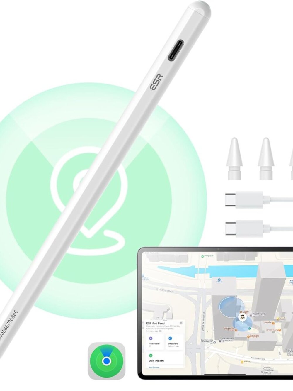 ESR Geo Digital iPad Pencil for iPad 2018-2026, Find My, Easy Shortcuts, White